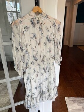 Joie Floral Mini Dress Size Small Smocked Neck Subtle Puff Sleeve Cream Floral